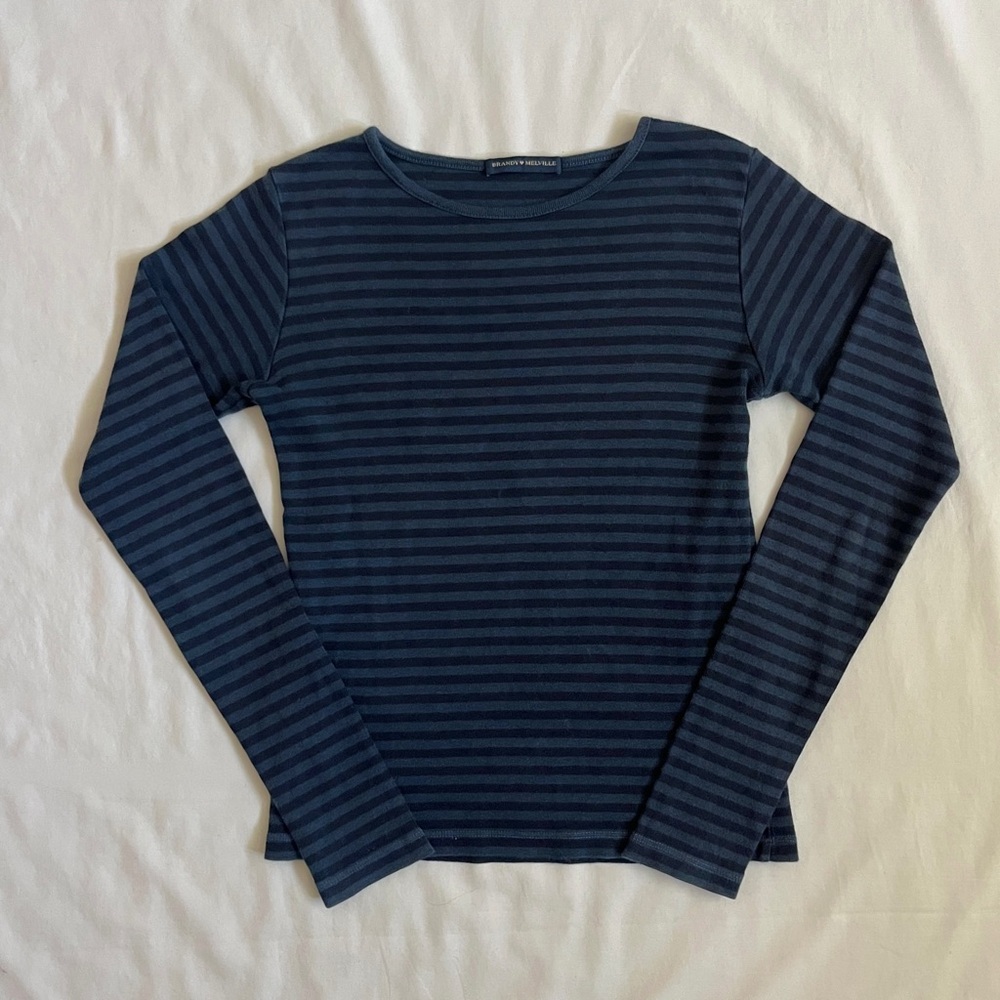 Brandy Melville Leah Long Sleeve Top | Navy Blue & Black Striped Tee Size OS